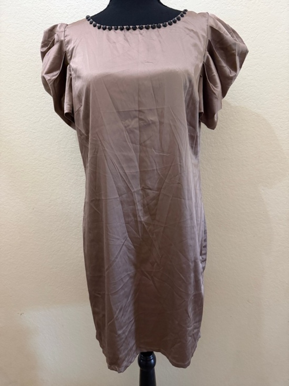 Taupe Puff-Sleeve Shift Dress with Beaded Neckline